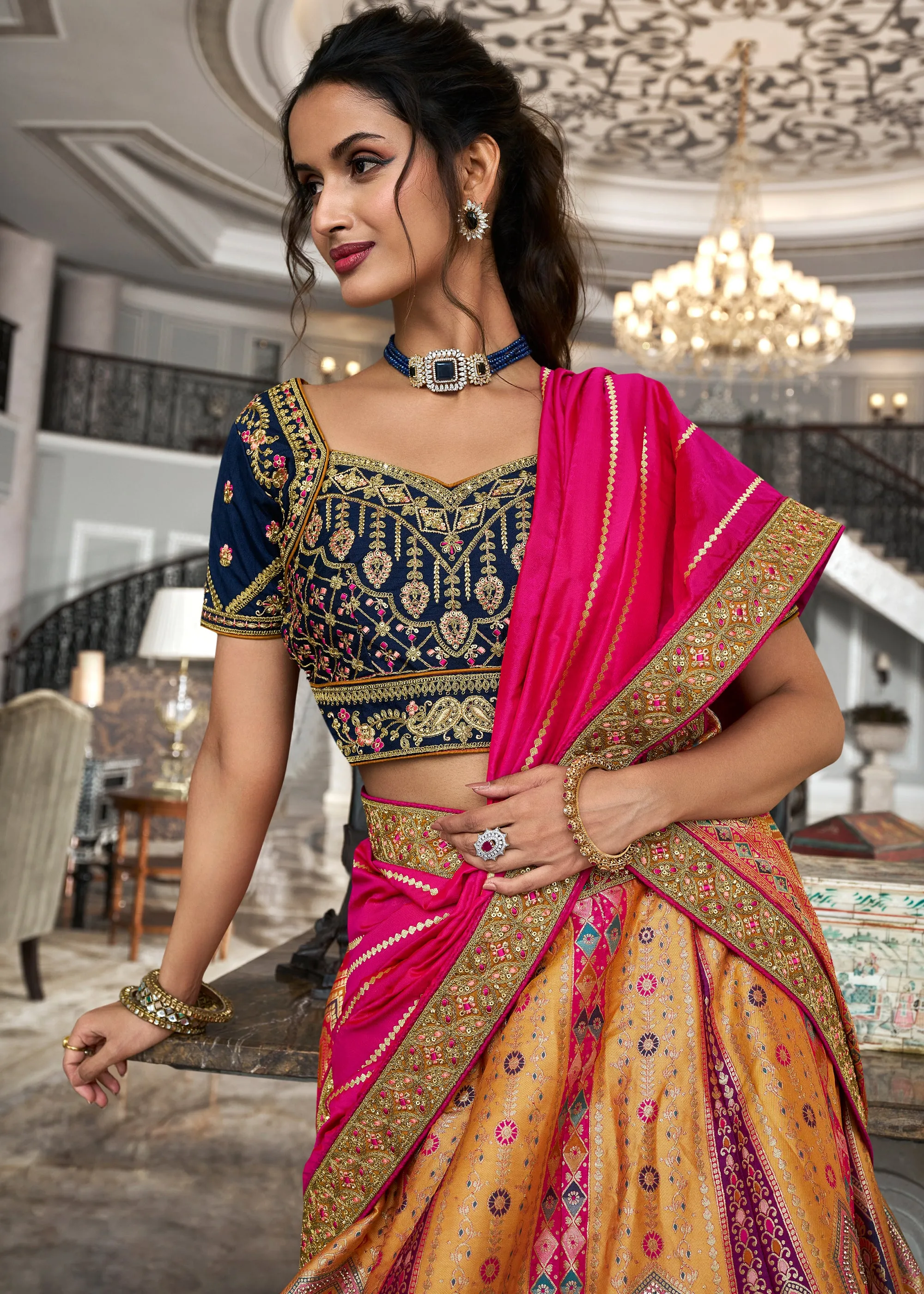 Bridal Pink And Orange Banarasi Silk Embroidered Designer Lehenga
