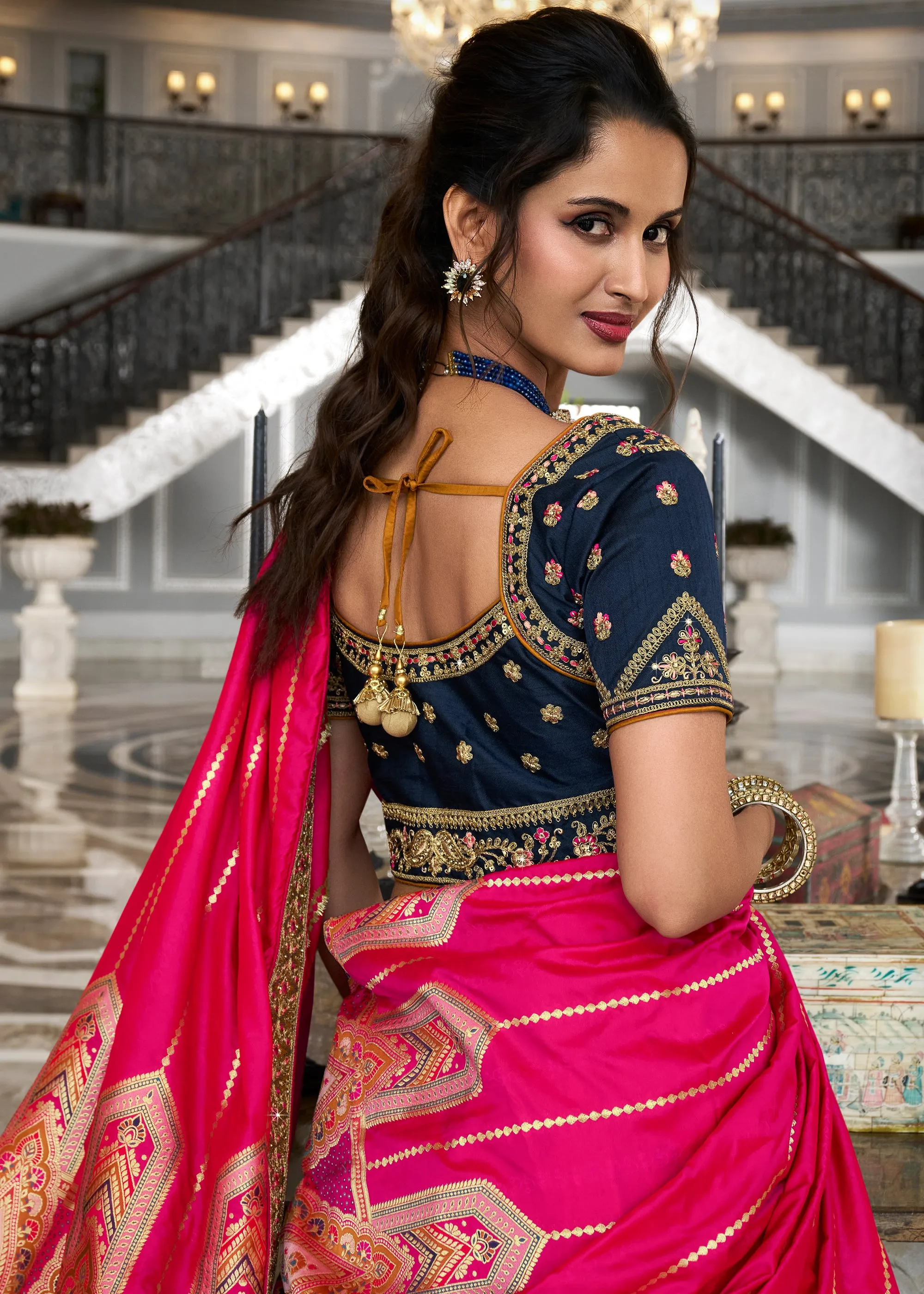Bridal Pink And Orange Banarasi Silk Embroidered Designer Lehenga