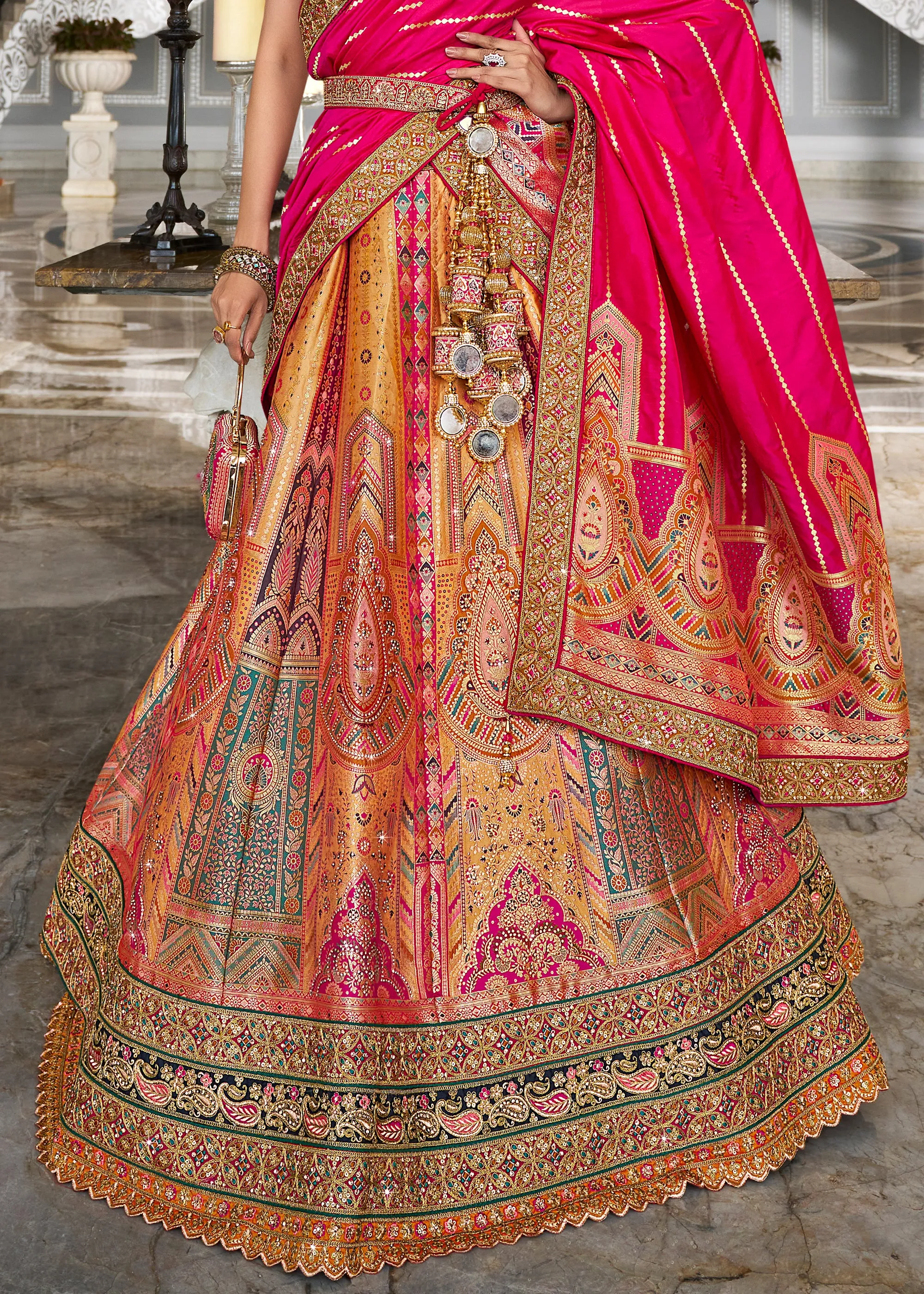 Bridal Pink And Orange Banarasi Silk Embroidered Designer Lehenga