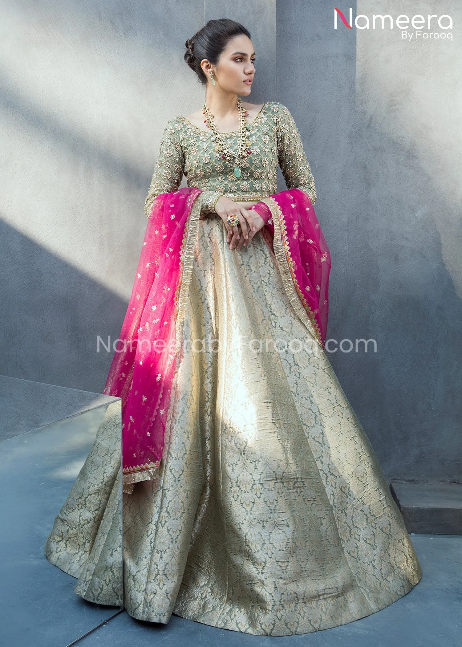 Brocade Bridal Lehenga with Choli in Olive Green #BS105