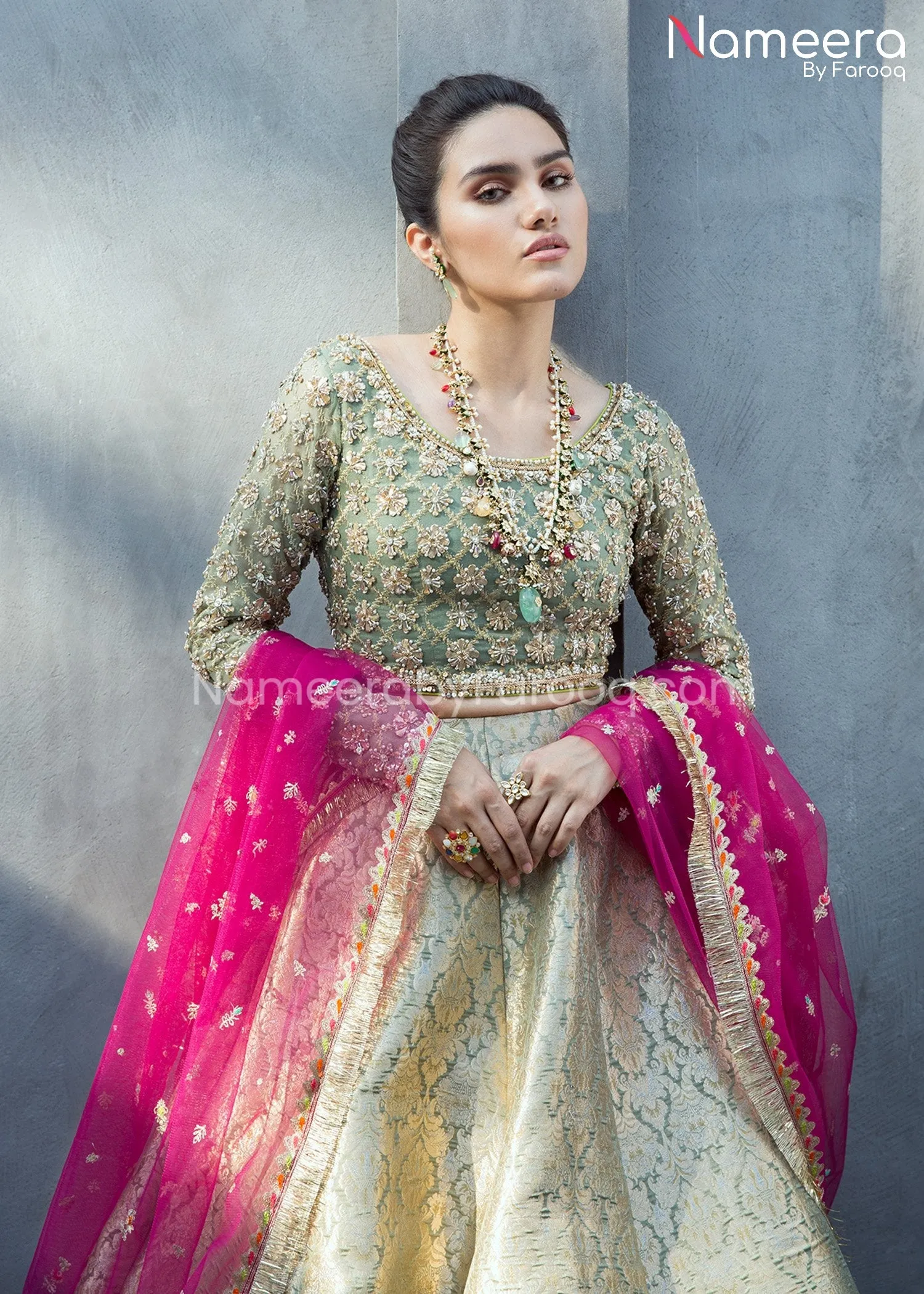 Brocade Bridal Lehenga with Choli in Olive Green #BS105