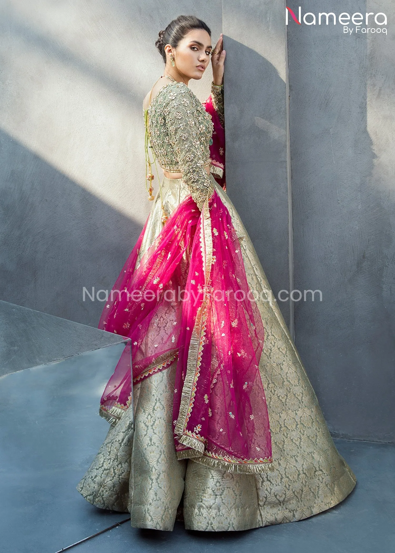 Brocade Bridal Lehenga with Choli in Olive Green #BS105