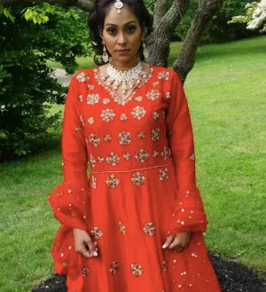 Buy Tomato Red Silk Floor Length Anarkali |Rent