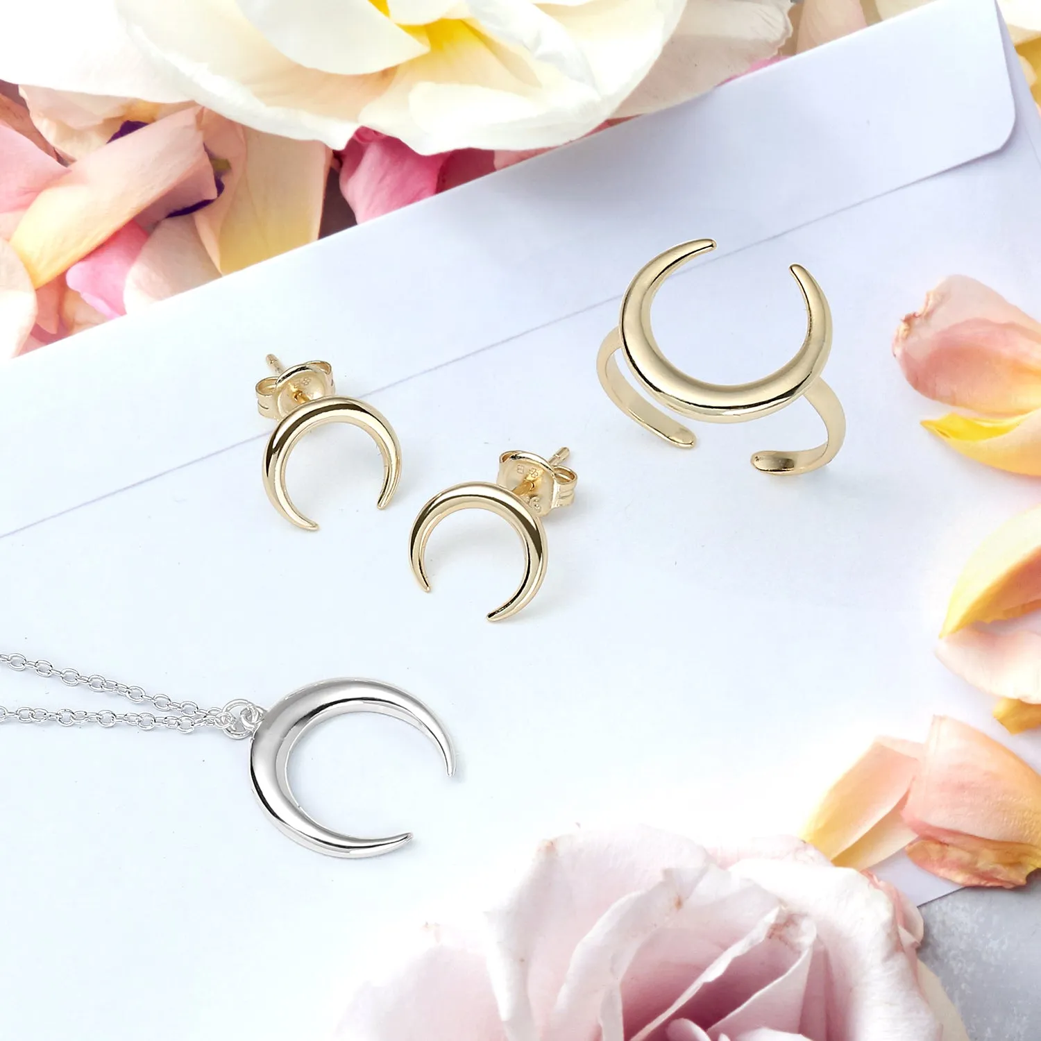 Celestial Crescent Moon Pendant Necklace in Sterling Silver Double Horn Design