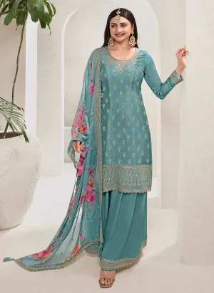 Charming Blue Heavy Embroidered Sharara Suit