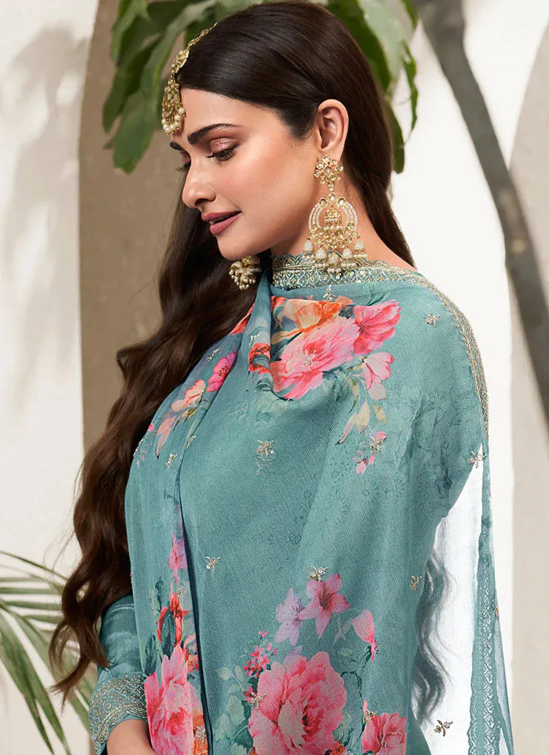 Charming Blue Heavy Embroidered Sharara Suit