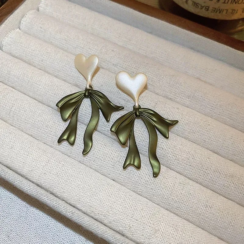 Charming Enamel Heart Dangling Ribbon Bowknot Earrings