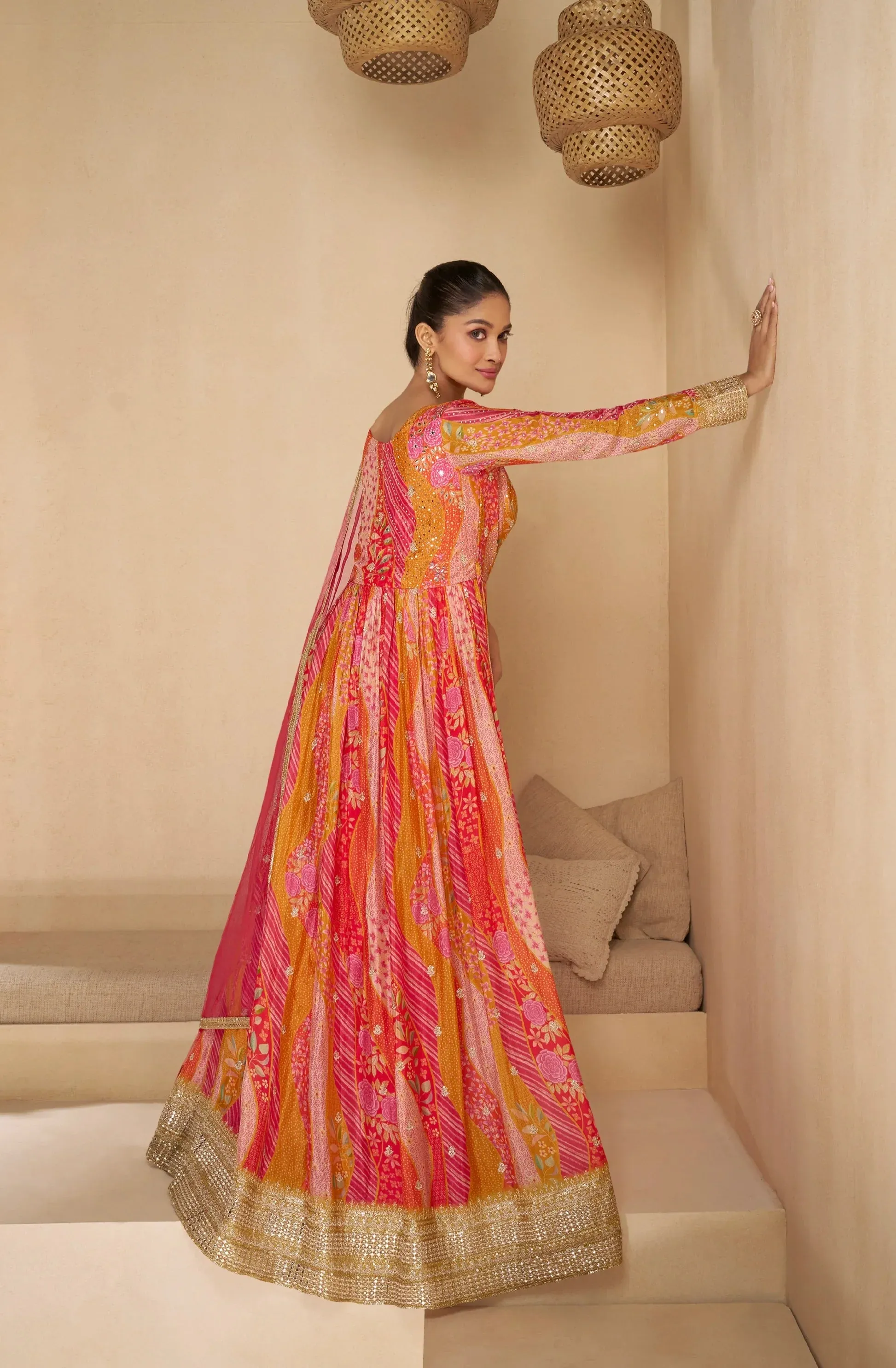 Charming Multicolor Pink Floral Embroidered Anarkali