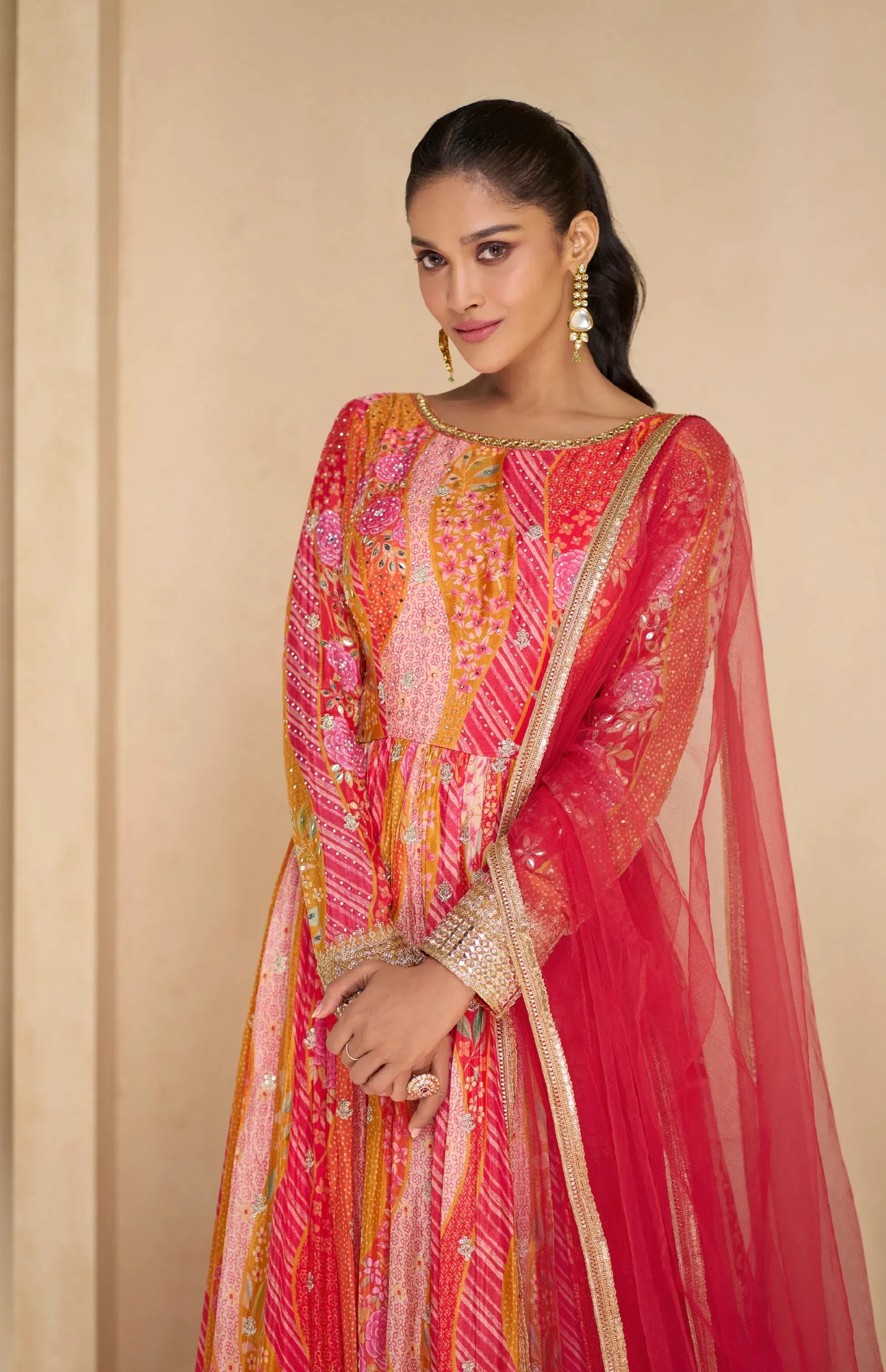 Charming Multicolor Pink Floral Embroidered Anarkali