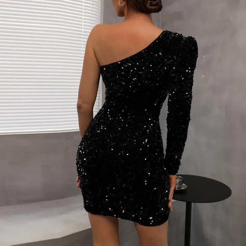 Chic winter sparkle shoulder dress for women