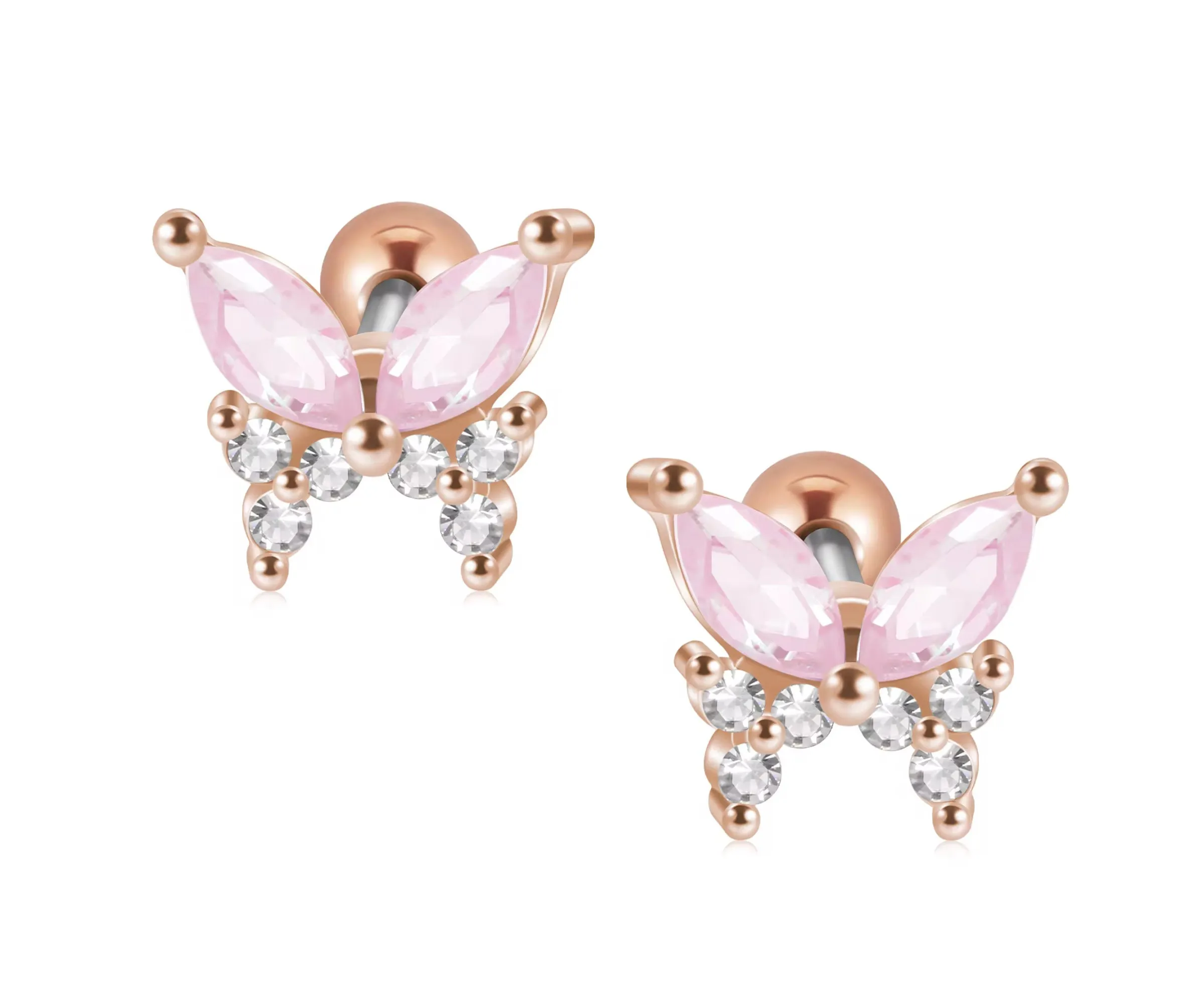 Children's Earrings:  Surgical Steel with Rose Gold IP CZ Butterflies with Screw Backs