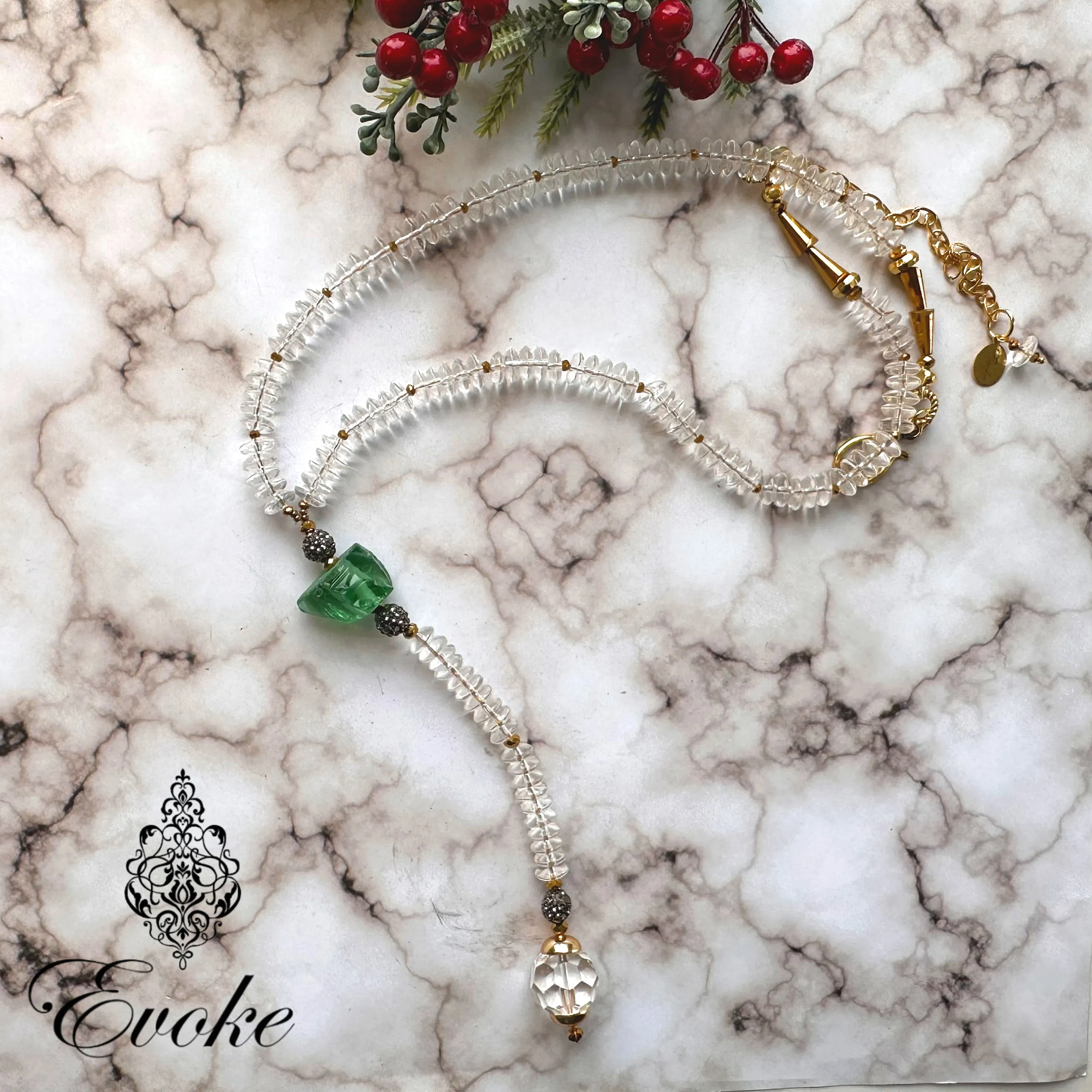 Chrome Diopside and Crystal Lariat Style Necklace