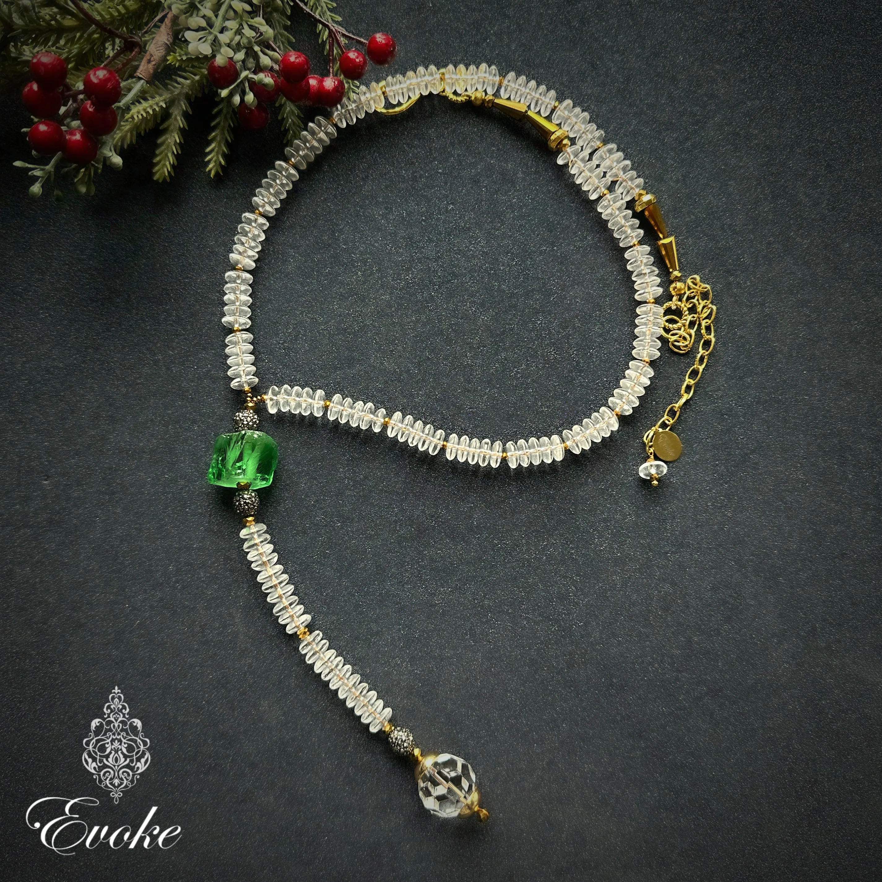 Chrome Diopside and Crystal Lariat Style Necklace