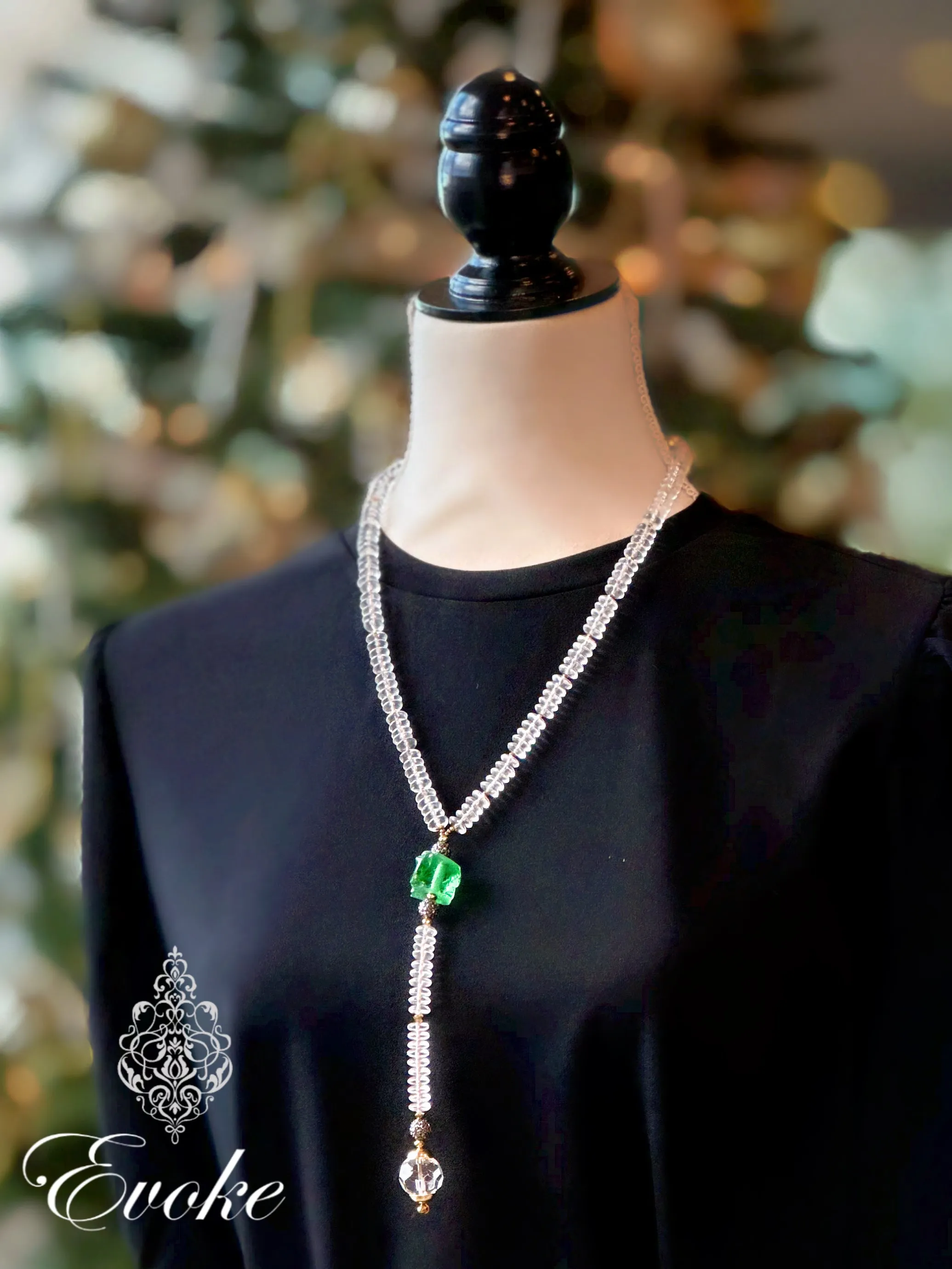 Chrome Diopside and Crystal Lariat Style Necklace