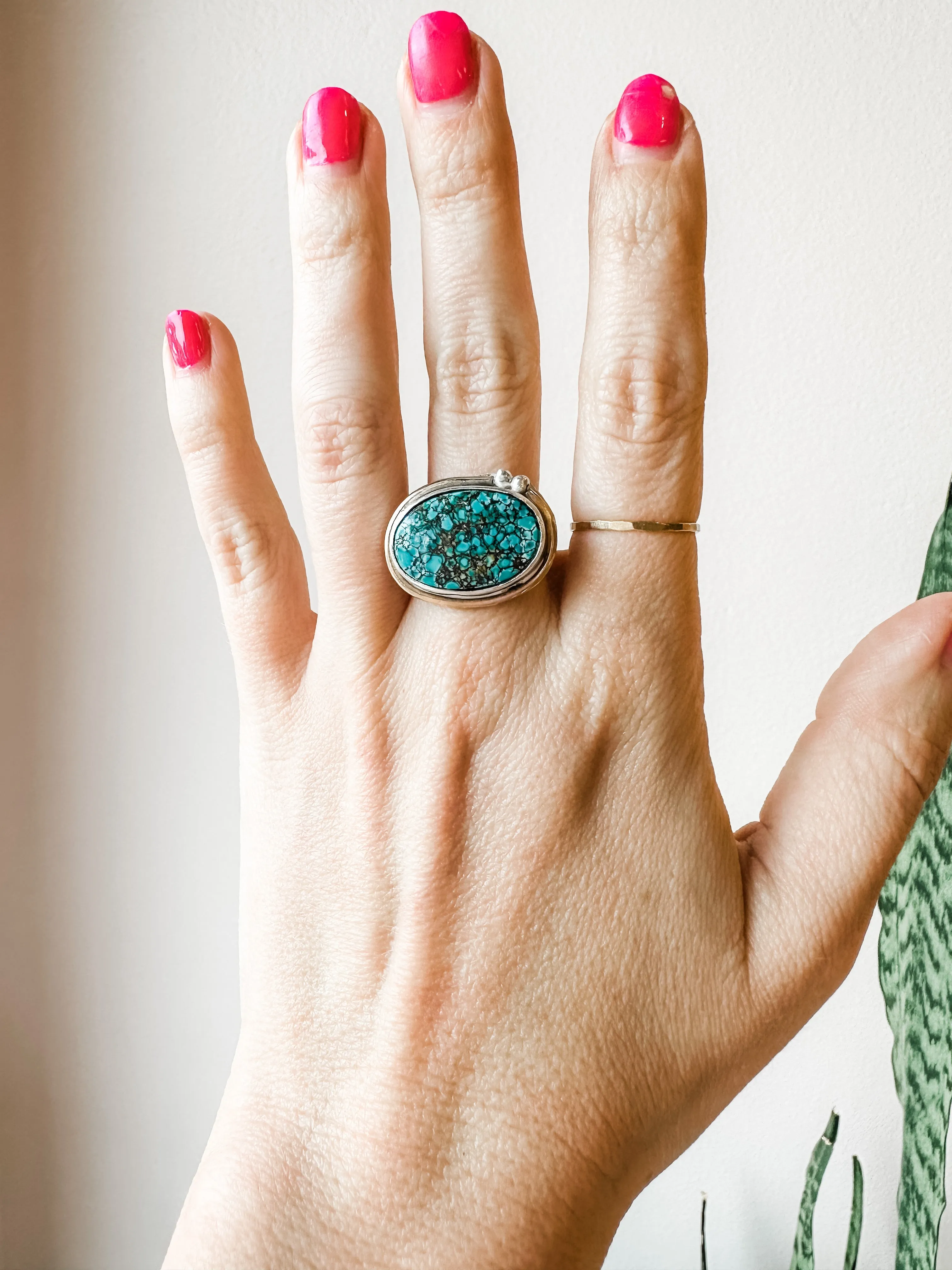 Chunky Sideways Turquoise Statement Ring Size 7.5