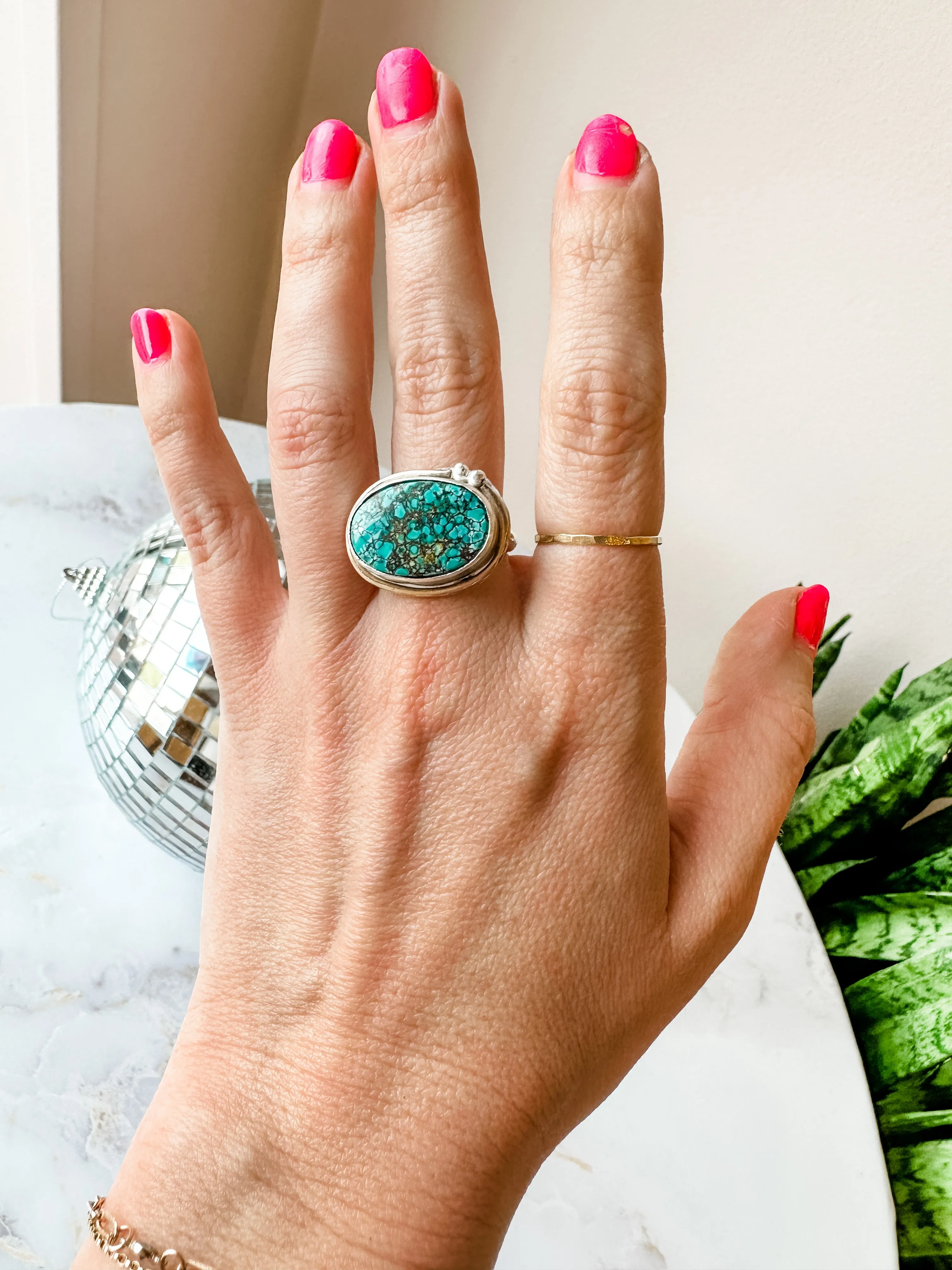 Chunky Sideways Turquoise Statement Ring Size 7.5