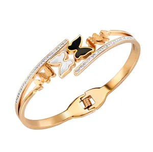 Clear Cubic Zirconia & White Shell Enamel Frosted Butterfly Bypass Bangle