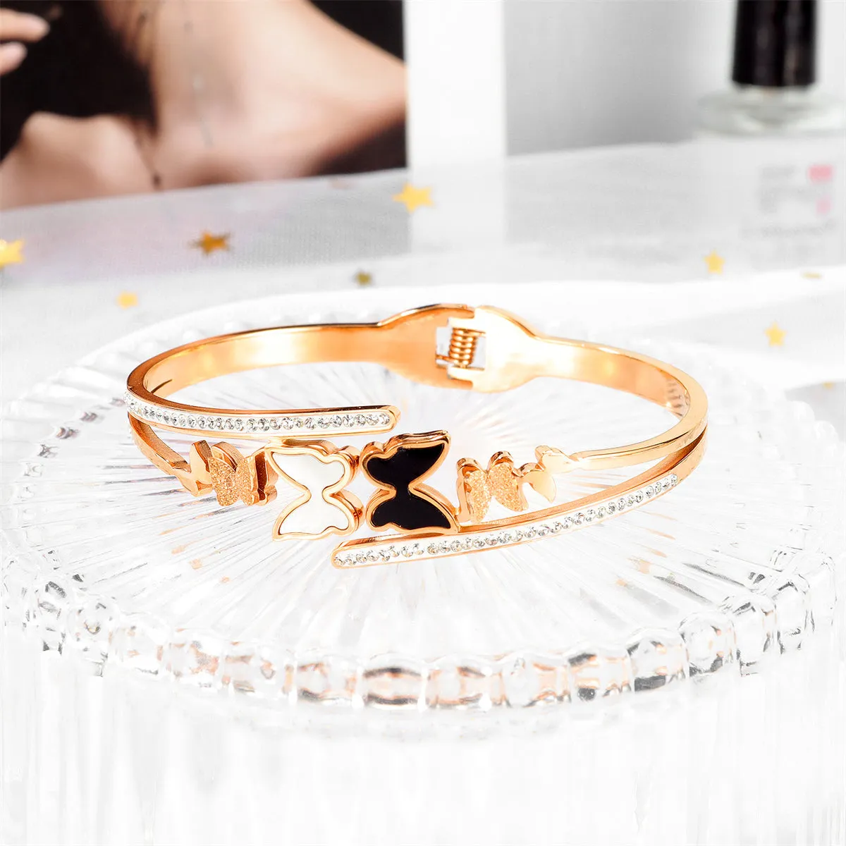 Clear Cubic Zirconia & White Shell Enamel Frosted Butterfly Bypass Bangle