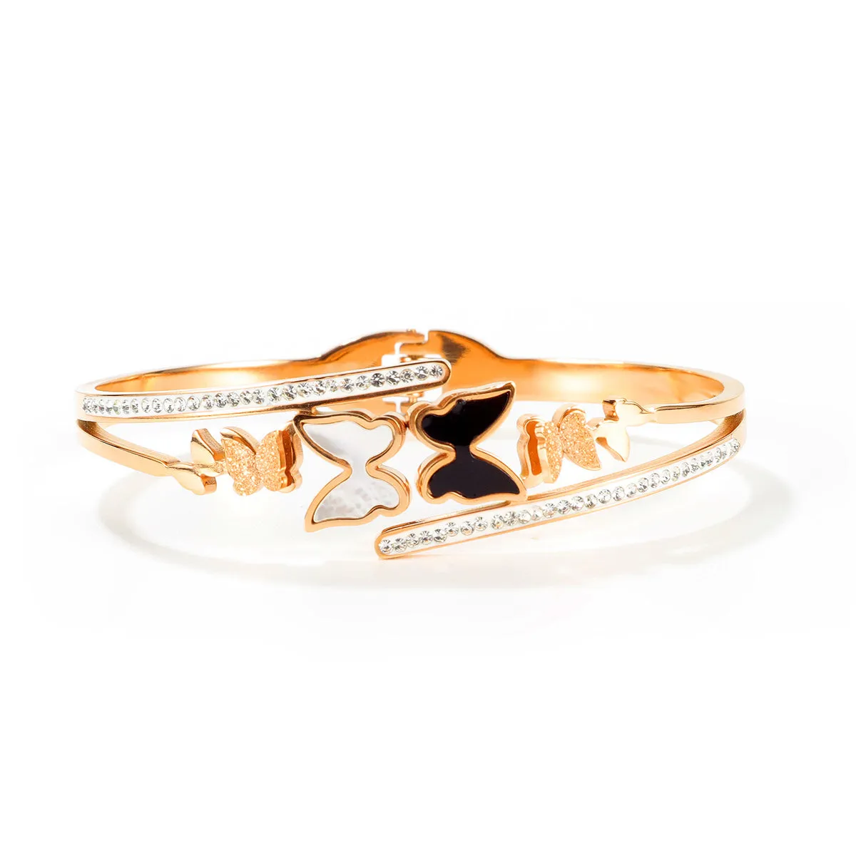 Clear Cubic Zirconia & White Shell Enamel Frosted Butterfly Bypass Bangle