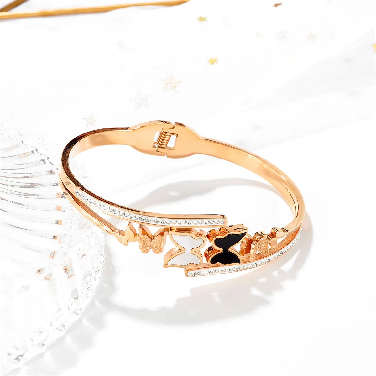 Clear Cubic Zirconia & White Shell Enamel Frosted Butterfly Bypass Bangle