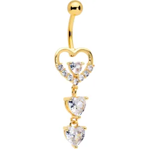 Clear CZ Gem Gold Tone Opulent Heart Quartet Dangle Belly Ring