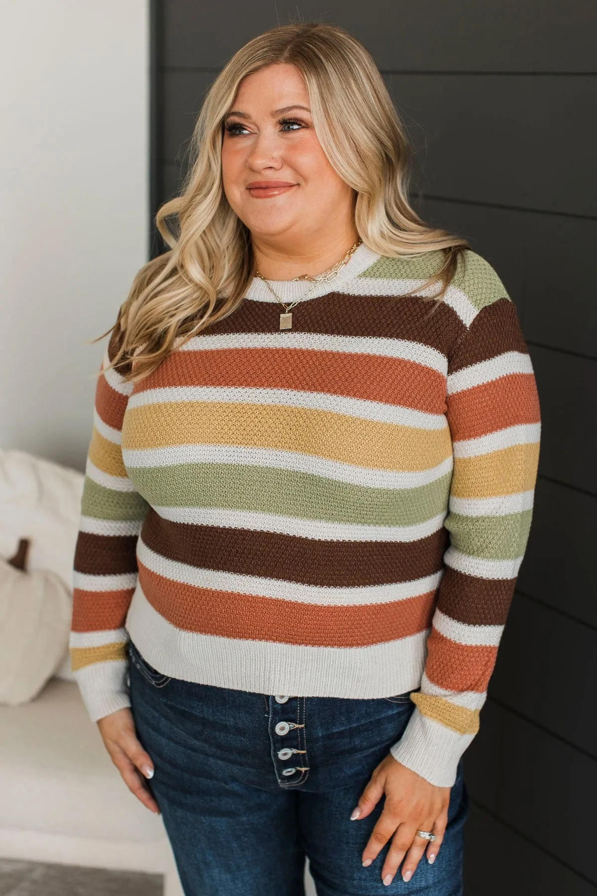 Clearly Charming Striped Knit Sweater- Oatmeal & Brown