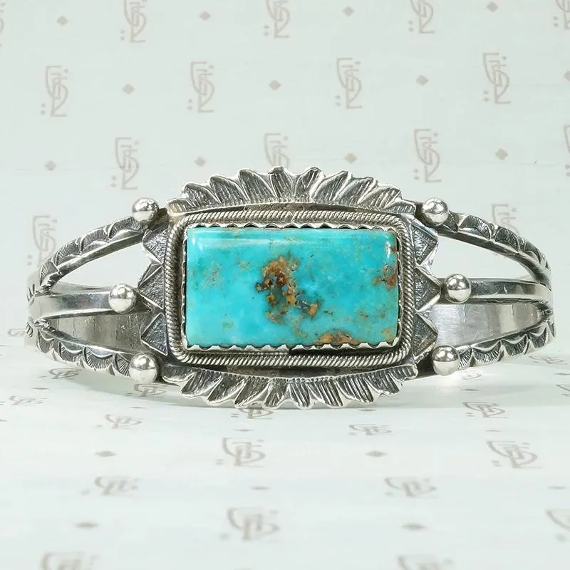 Coin Silver & Turquoise Cuff with Exquisite Details