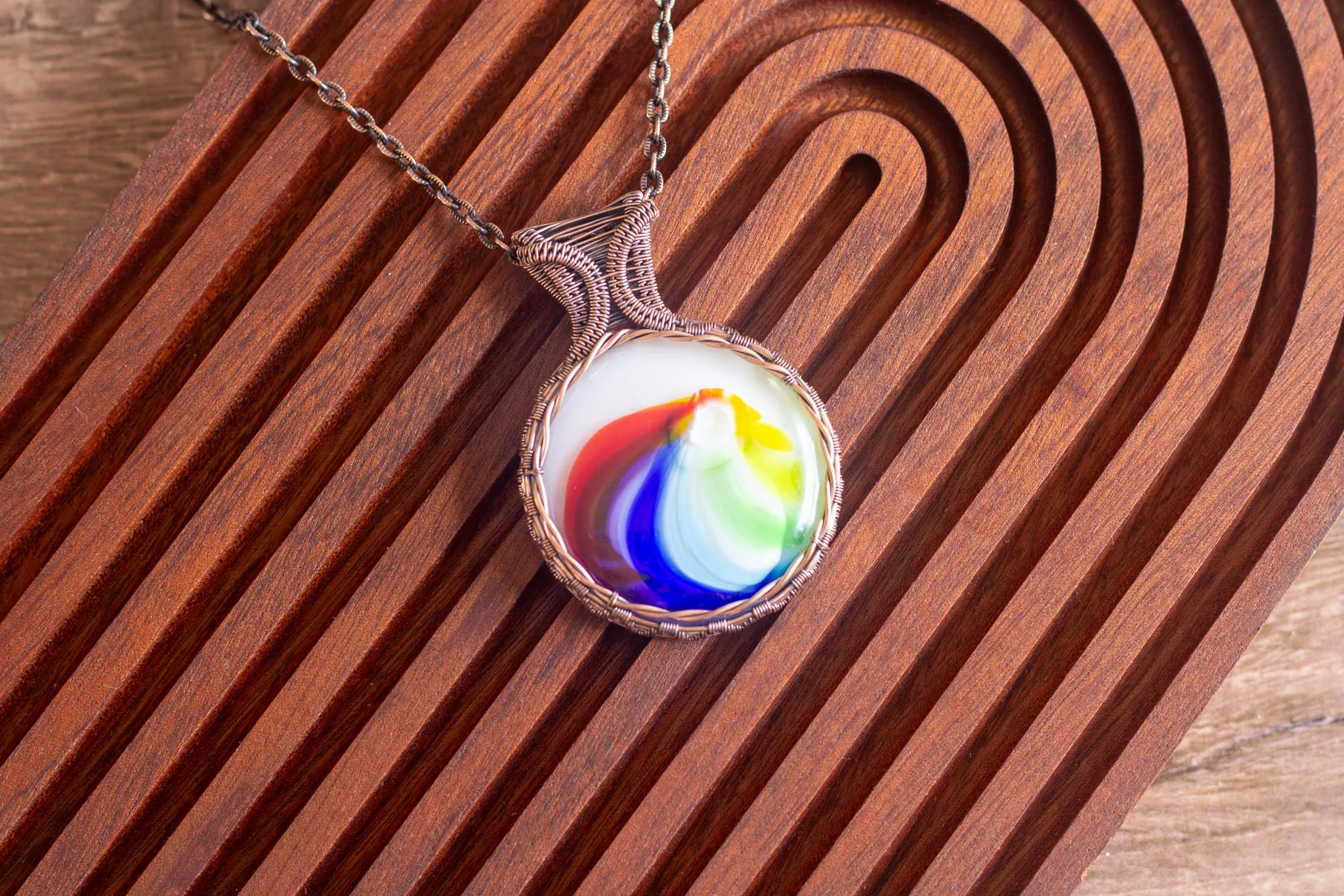 Copper Wire Wrapped Pendant with Rainbow Fused Glass