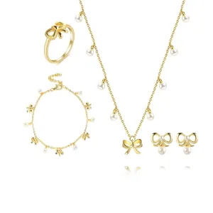 Coquette Charm Classic Bow Ring Bracelet Necklace Delicate Stud Earrings Set designed by Katie