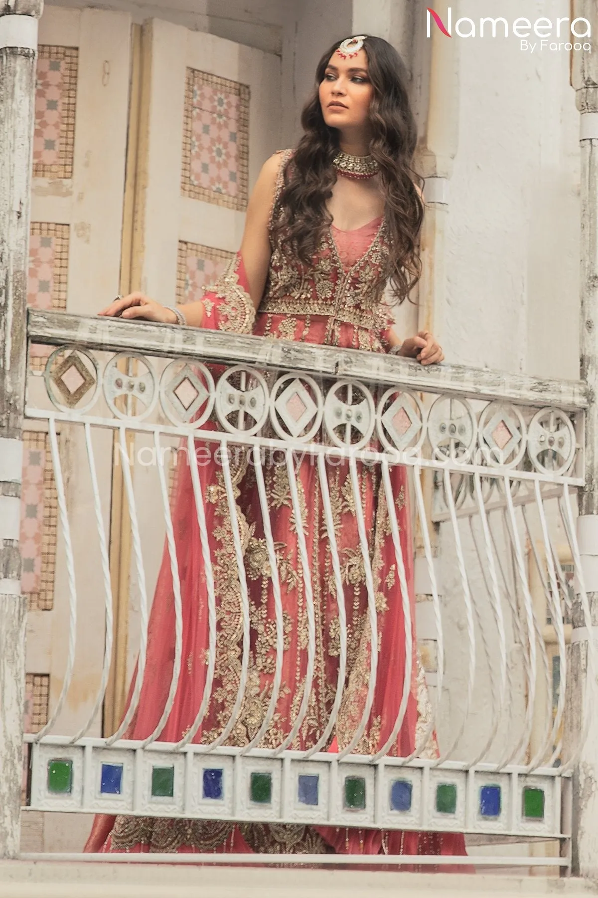 Coral Pink Lehenga with Front Open Kameez Dress #BS695