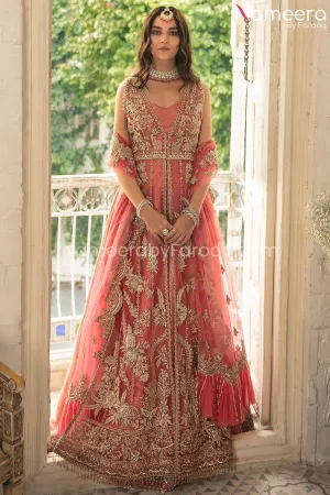 Coral Pink Lehenga with Front Open Kameez Dress #BS695