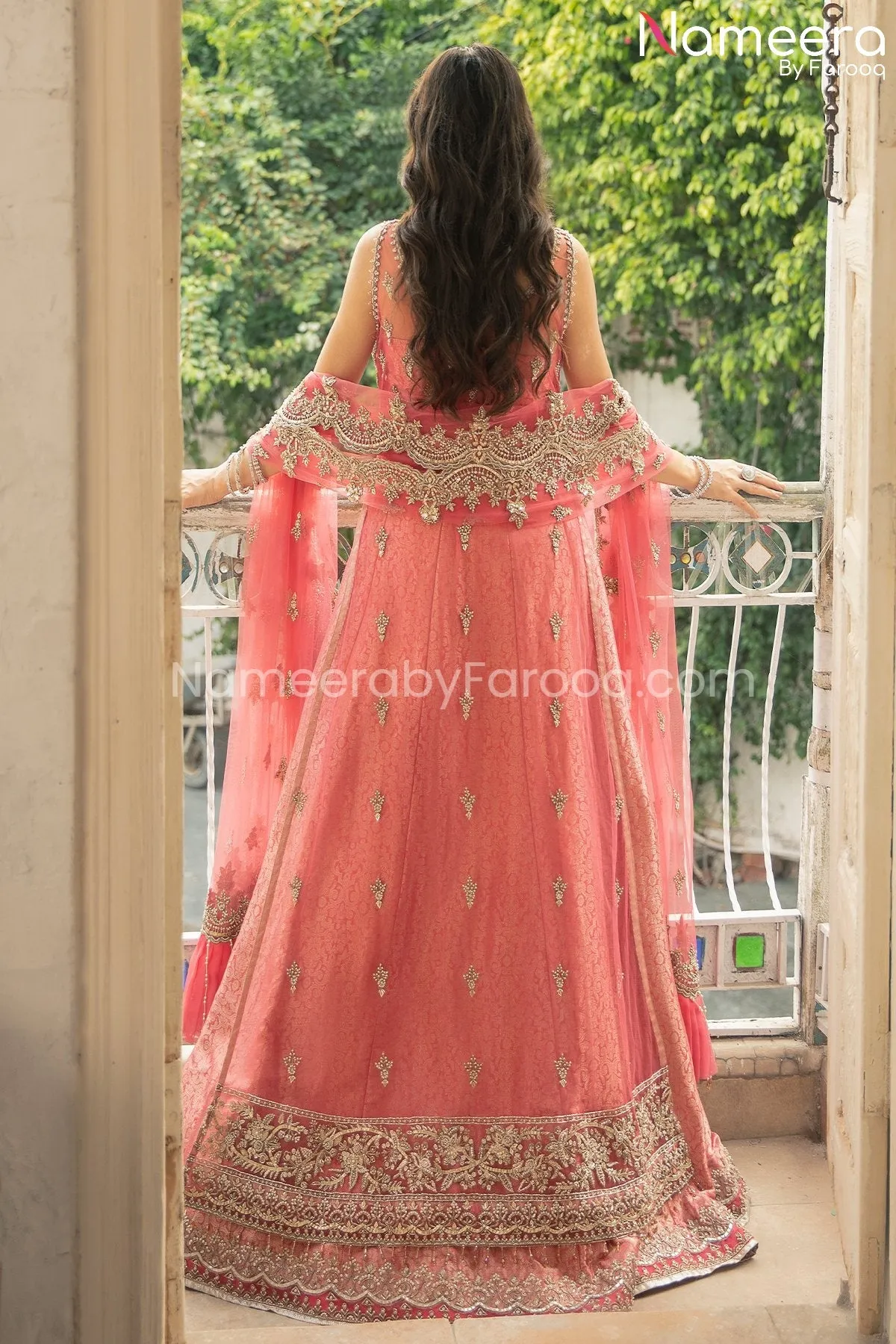 Coral Pink Lehenga with Front Open Kameez Dress #BS695