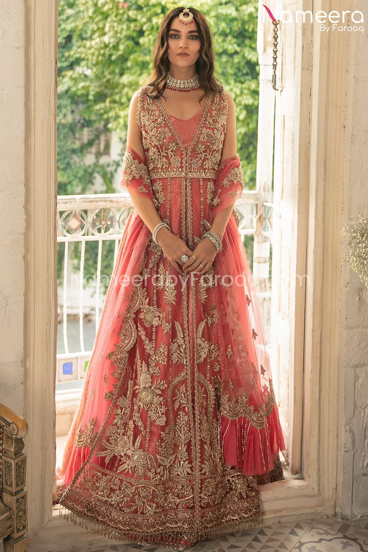Coral Pink Lehenga with Front Open Kameez Dress #BS695