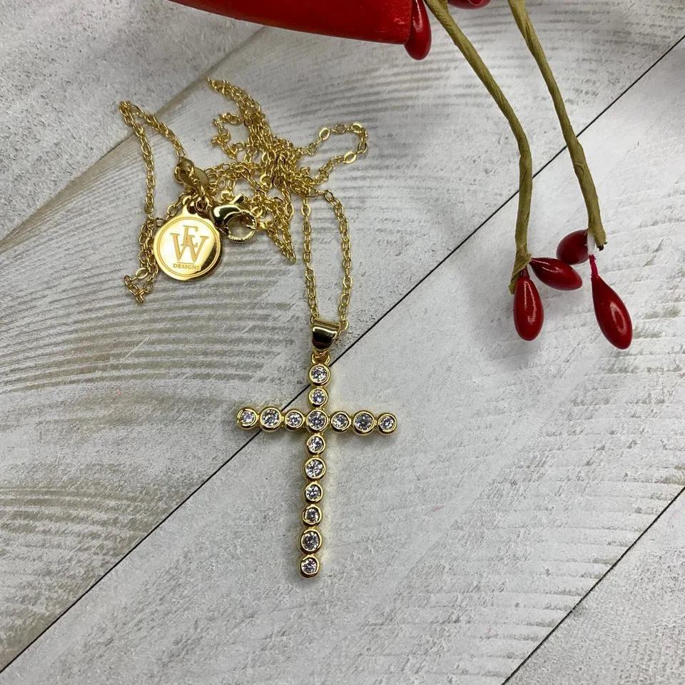 Crystal Cross Gold Plated Necklace 311-14 | Erika Williner Designs