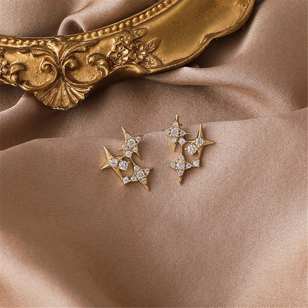 Cubic Zirconia & 18K Gold-Plate Star Cluster Stud Earrings