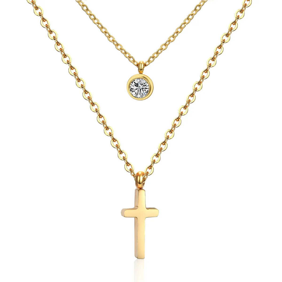 Cubic Zirconia & 18K Gold-Plated Cross Pendant Layered Necklace