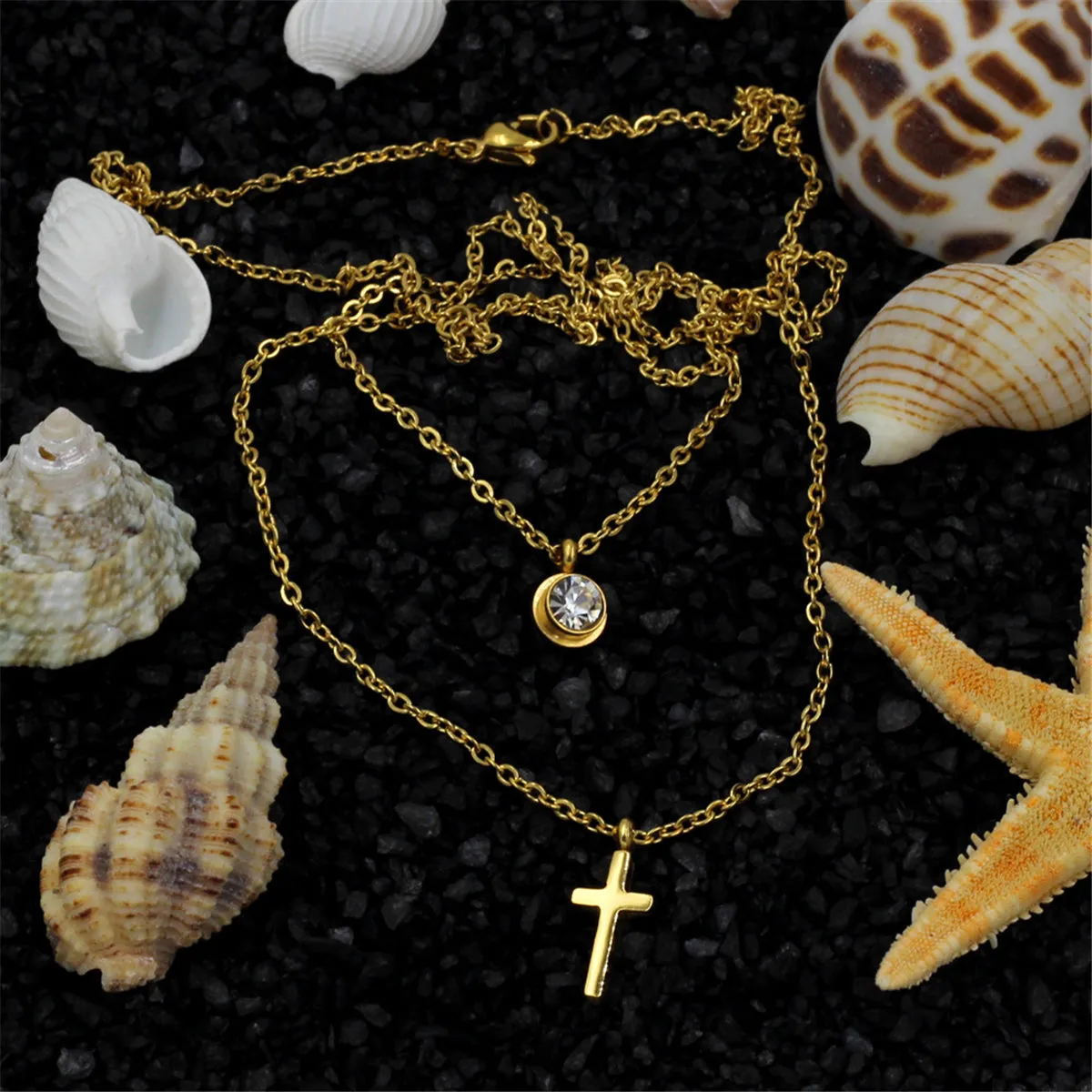 Cubic Zirconia & 18K Gold-Plated Cross Pendant Layered Necklace
