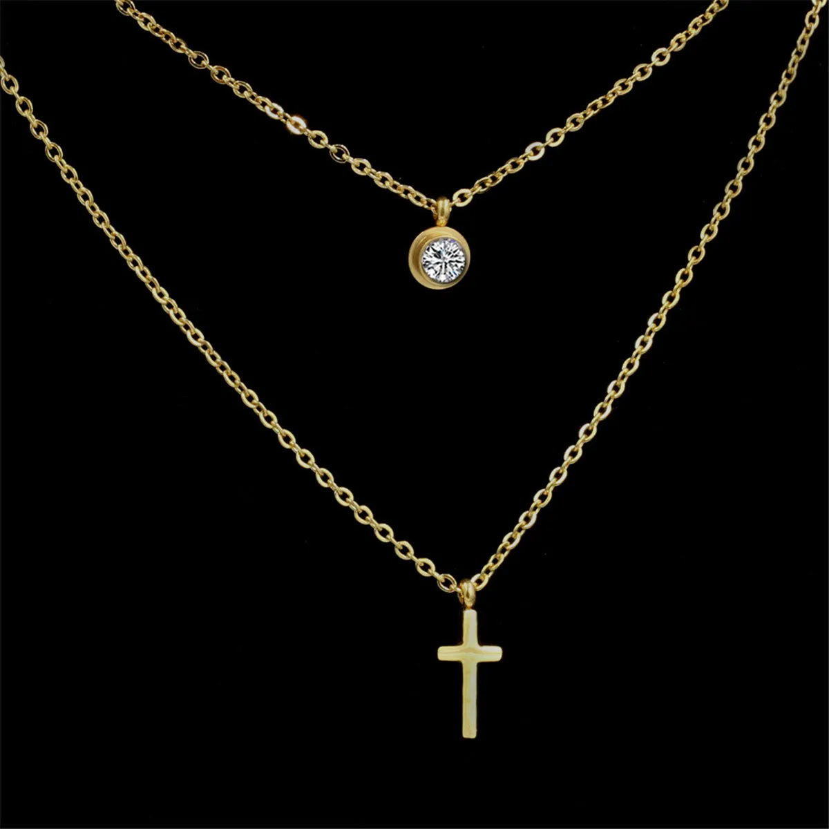 Cubic Zirconia & 18K Gold-Plated Cross Pendant Layered Necklace
