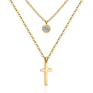 Cubic Zirconia & 18K Gold-Plated Cross Pendant Layered Necklace