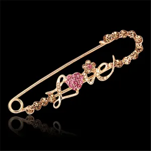 Cubic Zirconia & 18K Gold-Plated 'Love' Pin Brooch