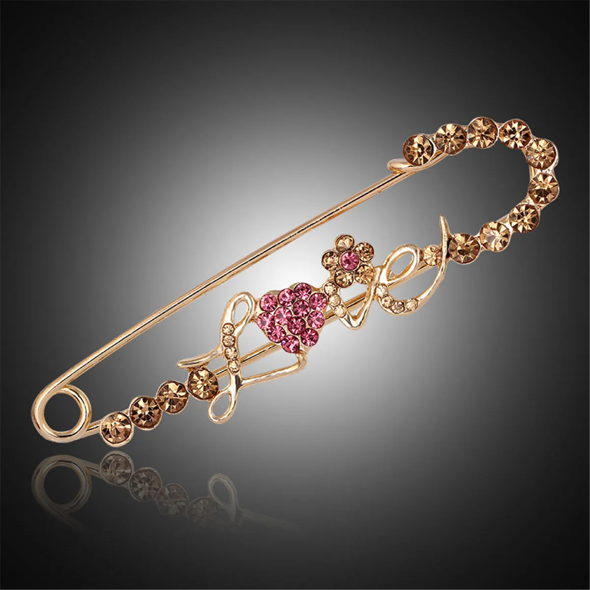 Cubic Zirconia & 18K Gold-Plated 'Love' Pin Brooch