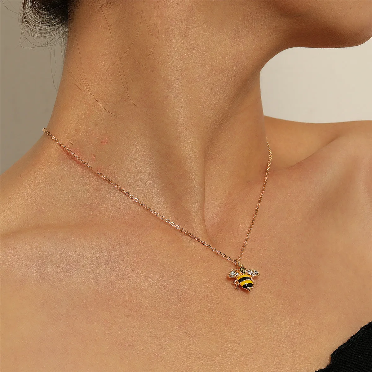 Cubic Zirconia & Enamel 18K Gold-Plated Bee Pendant Necklace