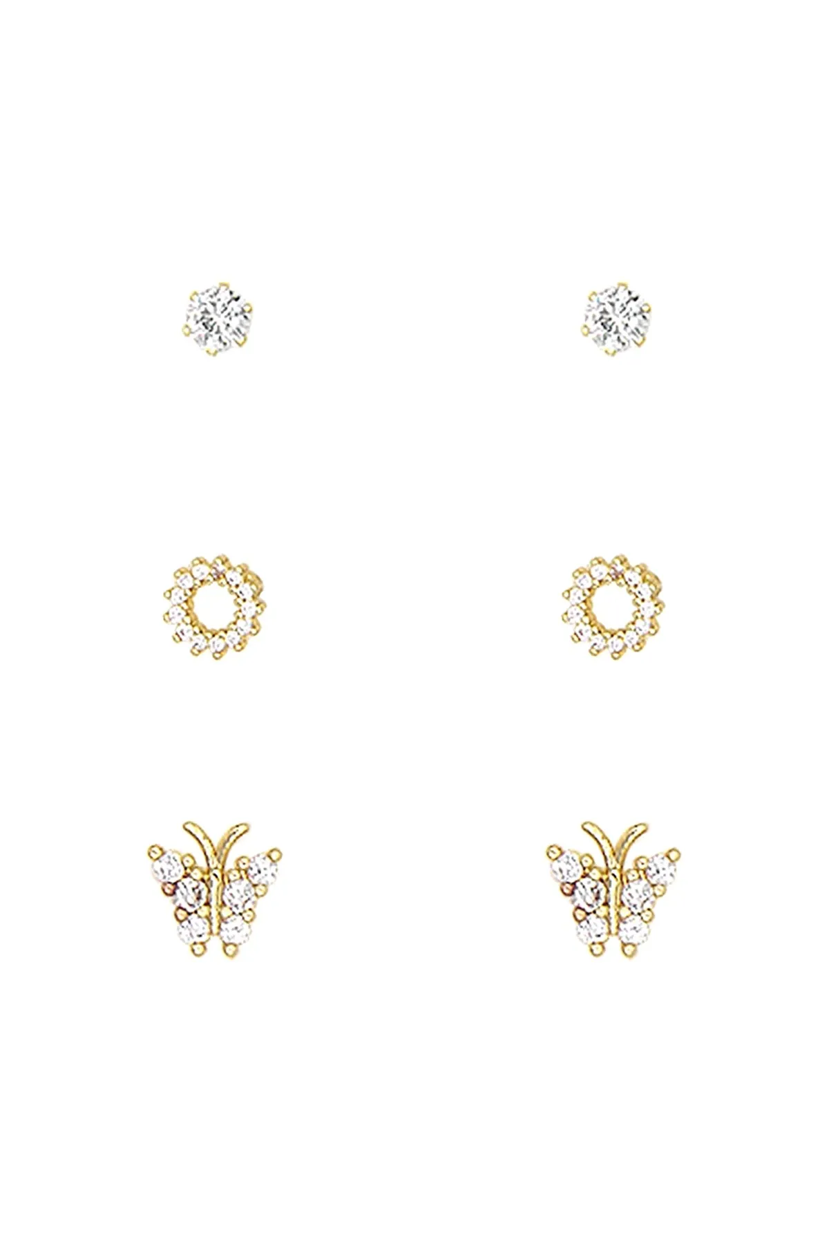 CUBIC ZIRCONIA BUTTERFLY ROUND 3 PAIR STUD EARRINGS