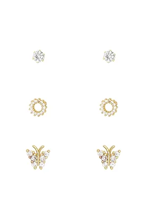 CUBIC ZIRCONIA BUTTERFLY ROUND 3 PAIR STUD EARRINGS