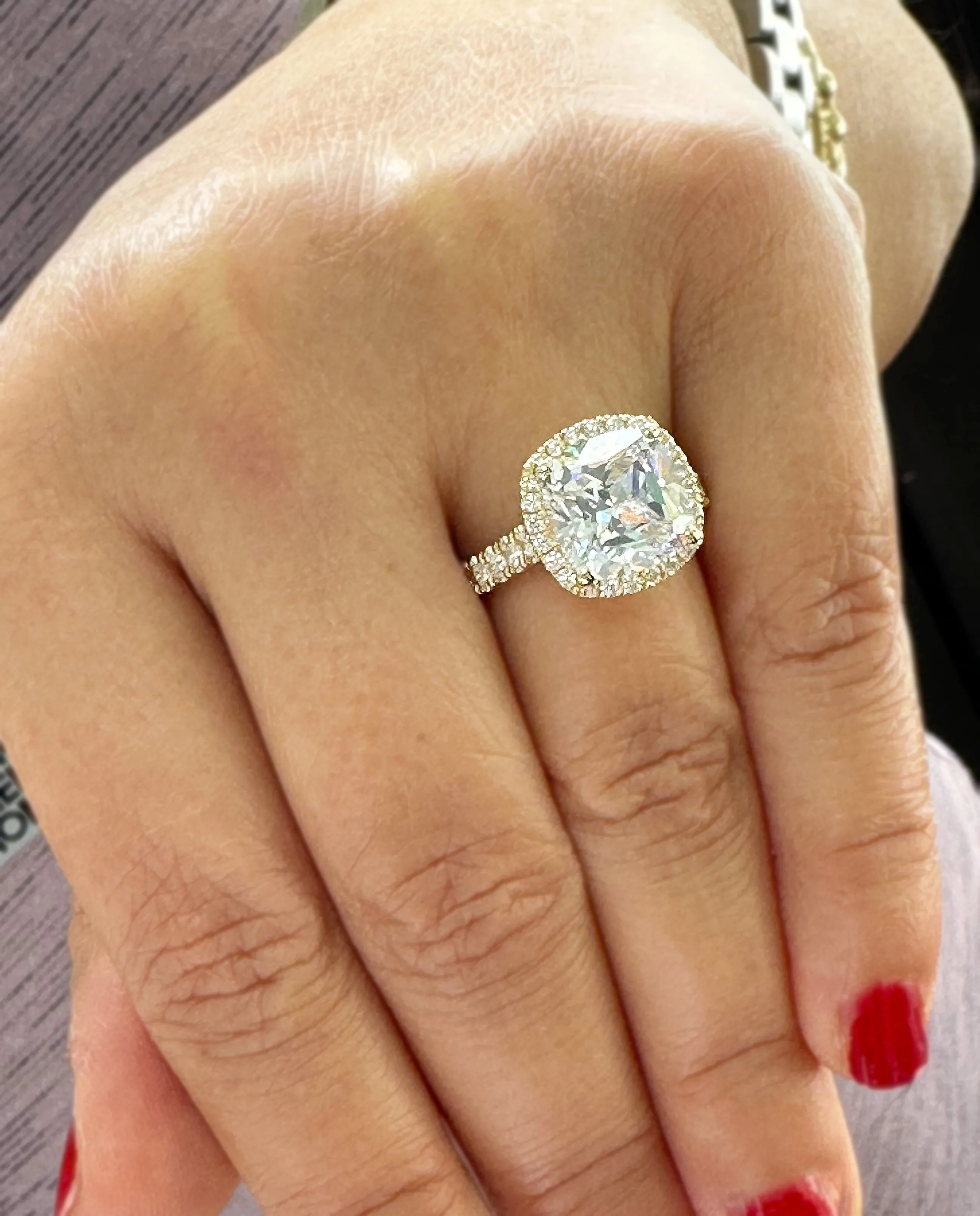 Cushion Cut Moissanite And Round Cut Sides Engagement Ring Set In 14k Solid White Gold Bridal Ring Halo Style Wedding Ring 6.00ctw