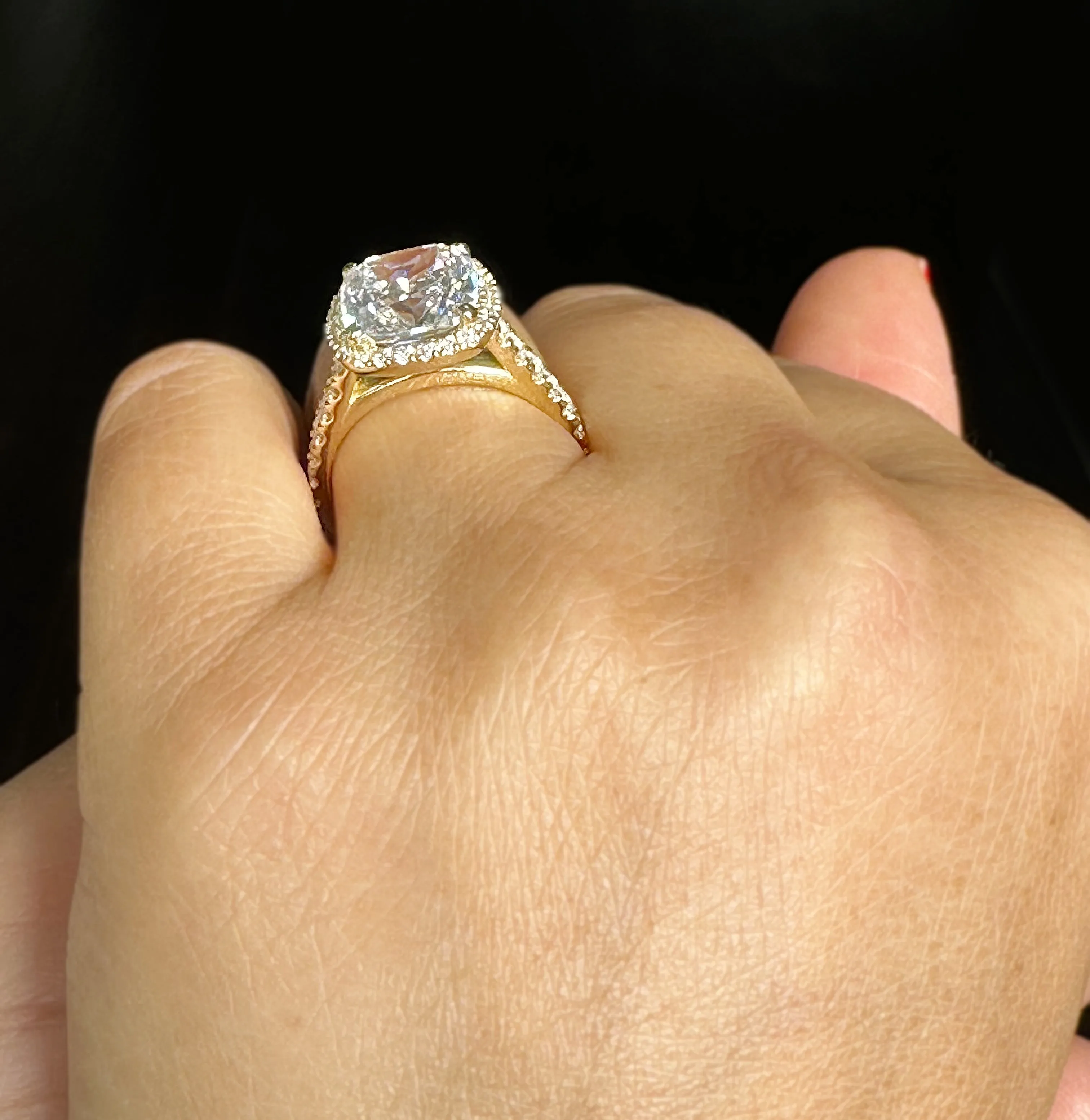 Cushion Cut Moissanite And Round Cut Sides Engagement Ring Set In 14k Solid White Gold Bridal Ring Halo Style Wedding Ring 6.00ctw