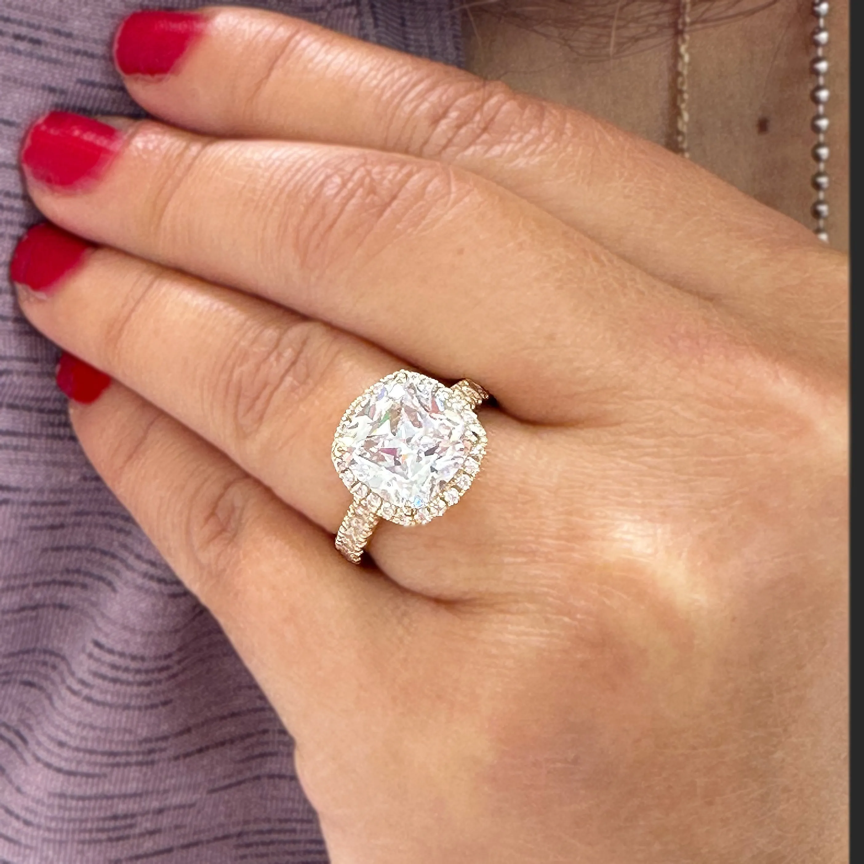 Cushion Cut Moissanite And Round Cut Sides Engagement Ring Set In 14k Solid White Gold Bridal Ring Halo Style Wedding Ring 6.00ctw