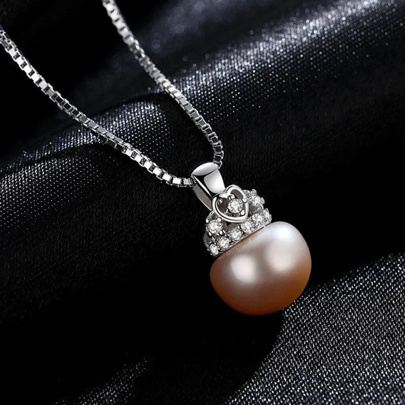 Cute Heart Crown Fresh Water Pearl Pendant Necklace