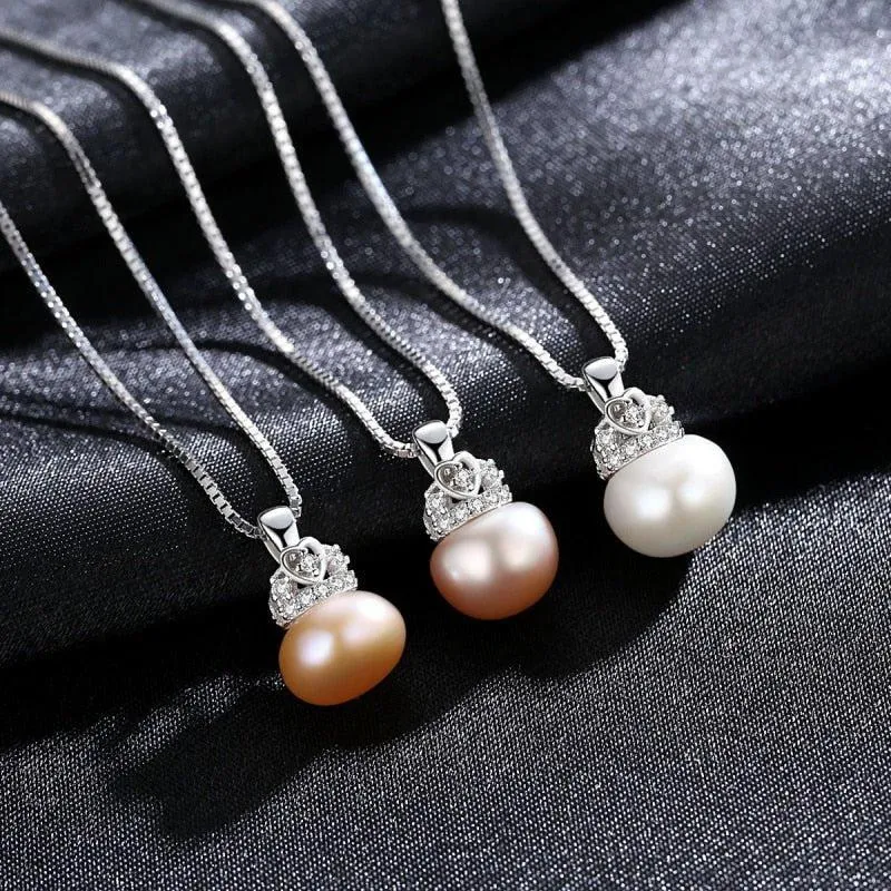 Cute Heart Crown Fresh Water Pearl Pendant Necklace