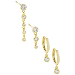CZ Bezel Huggie X Drop Stud Earring Combo Set